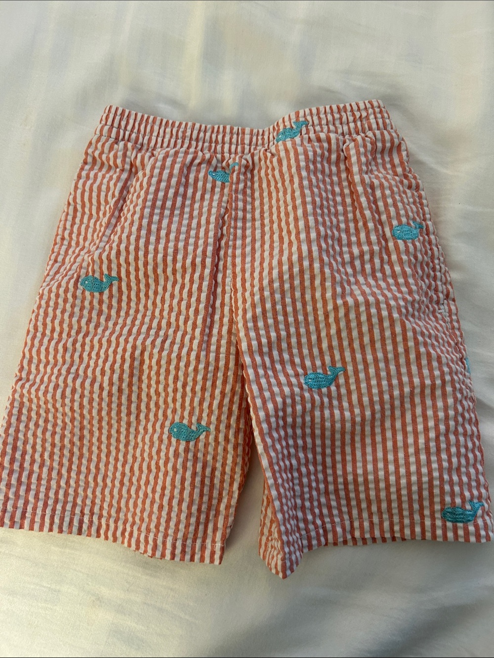 Kelly's Kids Orange and White Seersucker Shorts with Teal Whale Embroidery